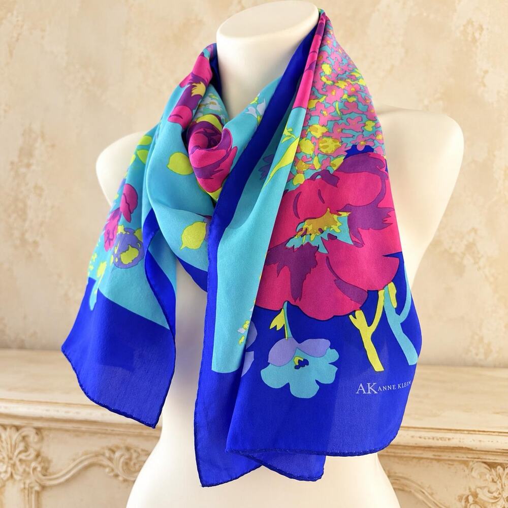 Vintage Anne Klein 1990s Turquoise Blue Pink Peony Floral Silk Scarf 13x60